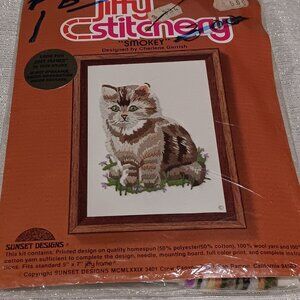 Vintage 1979 MCM Jiffy Stitchery Needlework Kit #536 Kitty Cat NOS 5X7